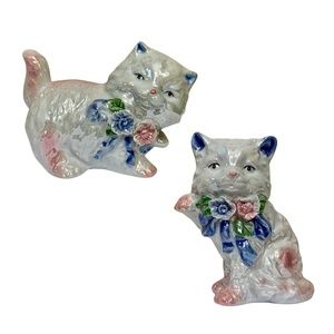 Lusterware Iridescent Cats with Floral Ribbon Figurine Set, Vintage - (1970's)